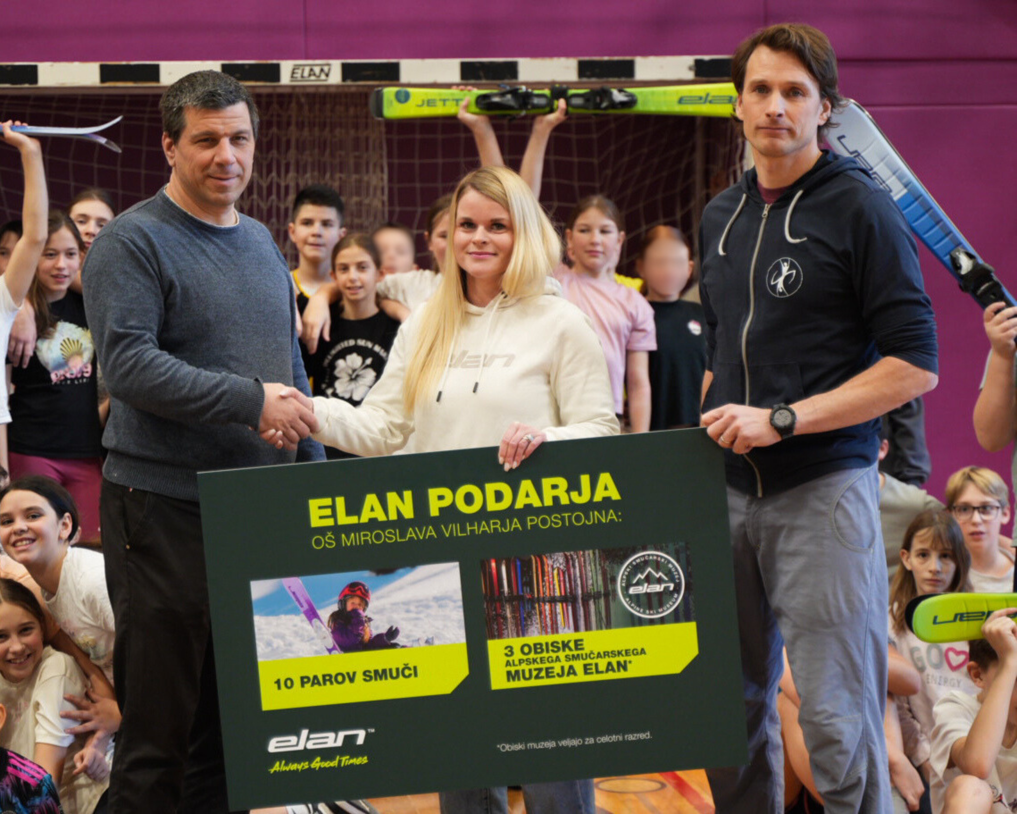 From left: Gvido Cigale, Headteacher of Miroslav Vilhar Primary School, Postojna; Lara Šarabon Štojs, Sustainability Development Coordinator, Elan d.o.o.; Jernej Klemenak, Physical Education Teacher